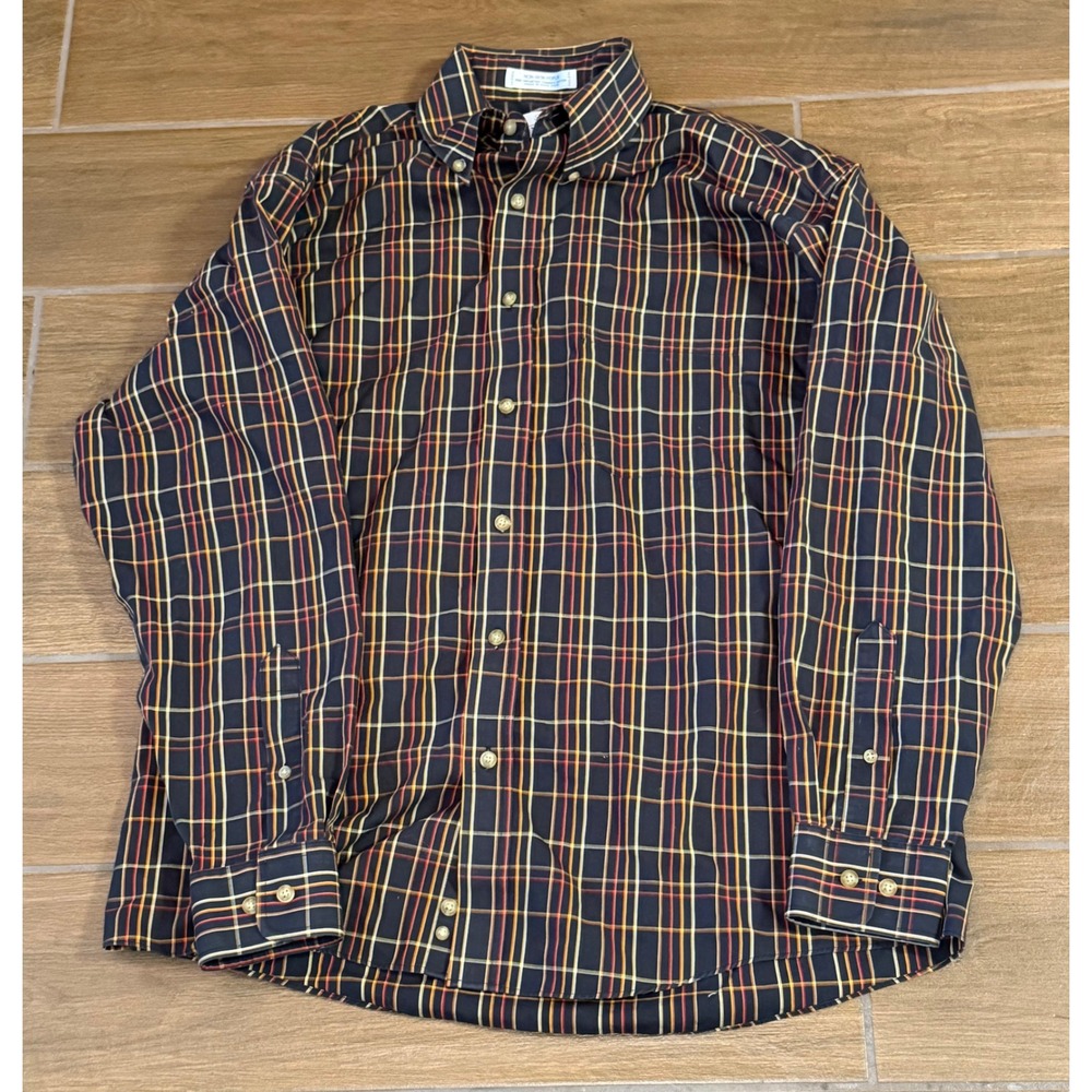 Enro Mens Non-Iron Poplin Plaid Button Down Shirt Navy Red Yellow Size M